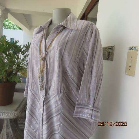 DONNA CLAIRE striped button down top in pale grey-white-brown and lilac. Size 44