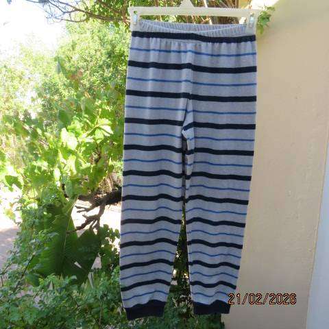 Light grey boys' stretch warm polyester long pyjama pants with blue and navy stripes