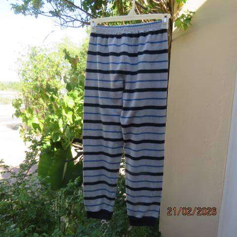 Light grey boys' stretch warm polyester long pyjama pants with blue and navy stripes