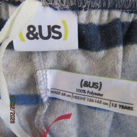 Light grey boys' stretch warm polyester long pyjama pants with blue and navy stripes