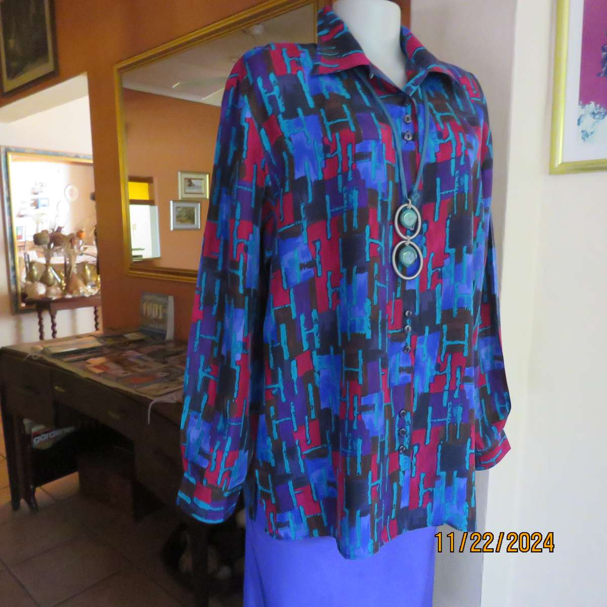 SAINT LORI  100% silk long cuffed sleeve button down geometric patterned jewel colour top.Size 42.