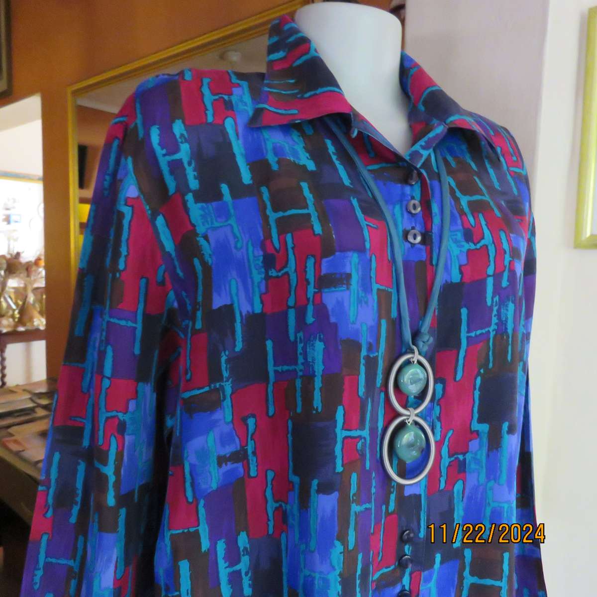 SAINT LORI  100% silk long cuffed sleeve button down geometric patterned jewel colour top.Size 42.