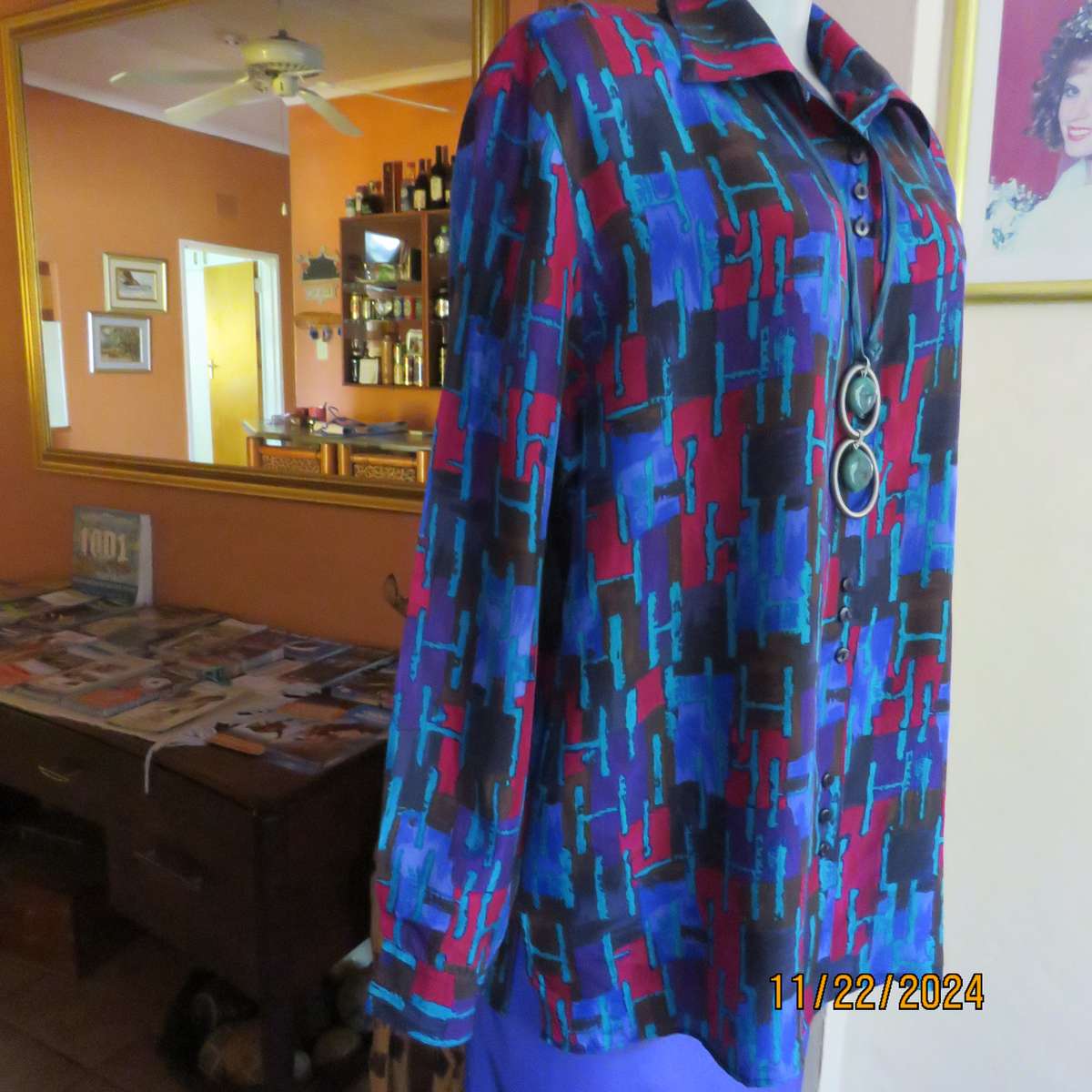 SAINT LORI  100% silk long cuffed sleeve button down geometric patterned jewel colour top.Size 42.