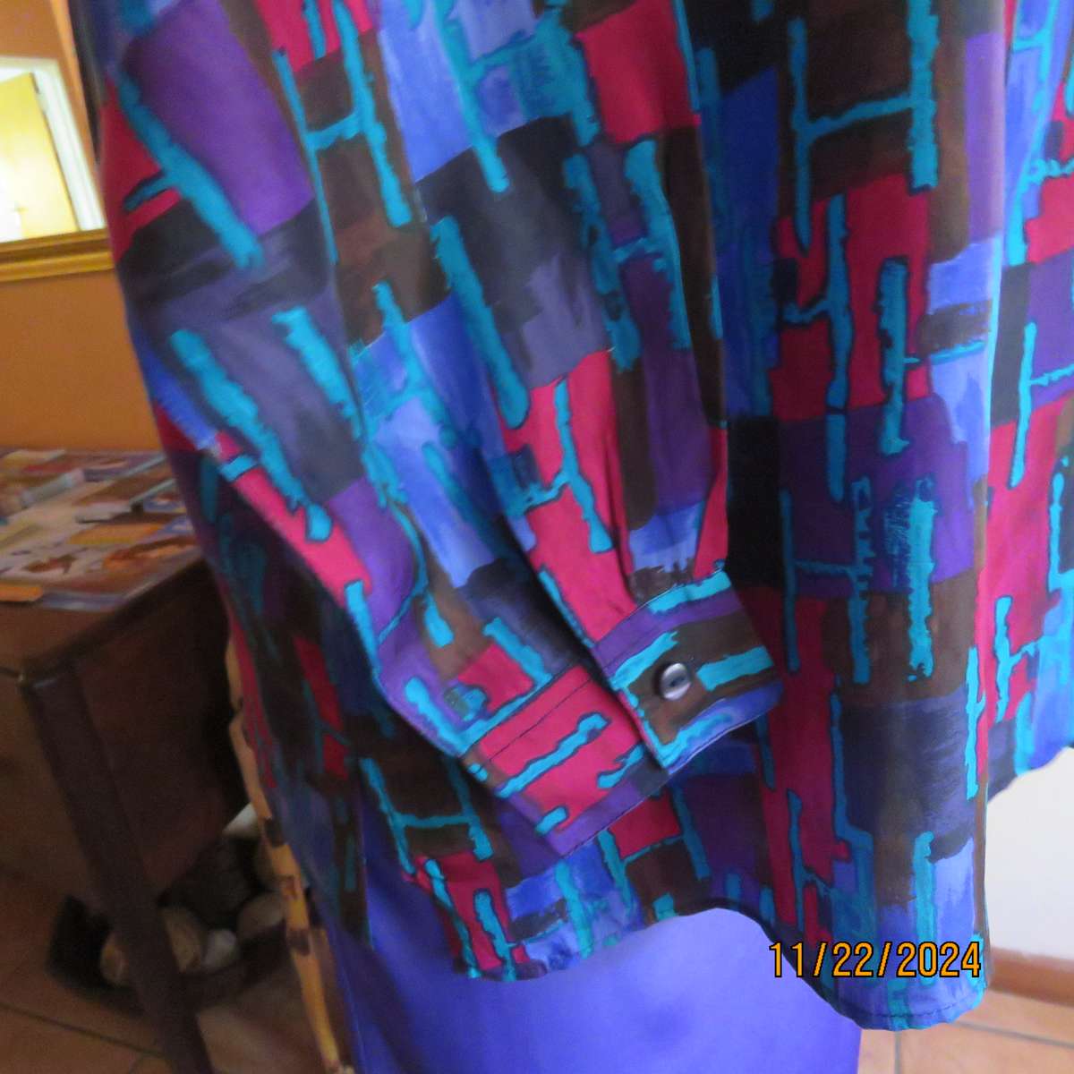 SAINT LORI  100% silk long cuffed sleeve button down geometric patterned jewel colour top.Size 42.
