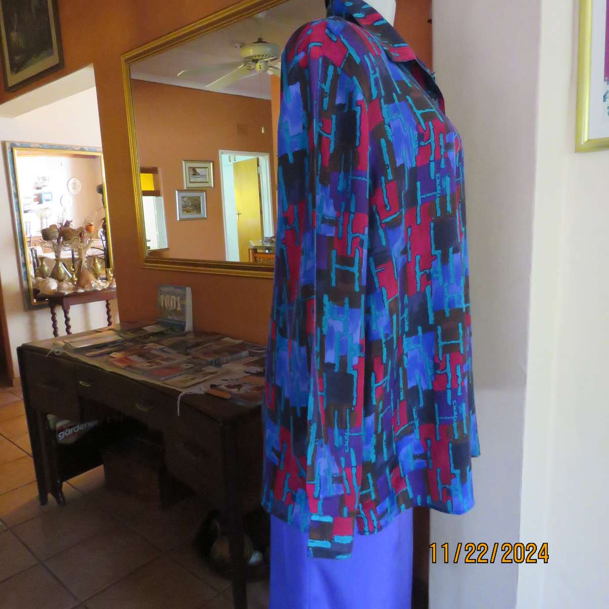 SAINT LORI  100% silk long cuffed sleeve button down geometric patterned jewel colour top.Size 42.