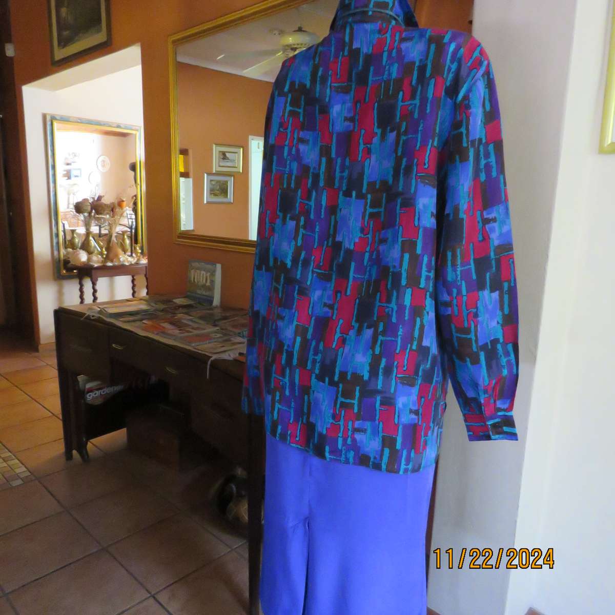 SAINT LORI  100% silk long cuffed sleeve button down geometric patterned jewel colour top.Size 42.