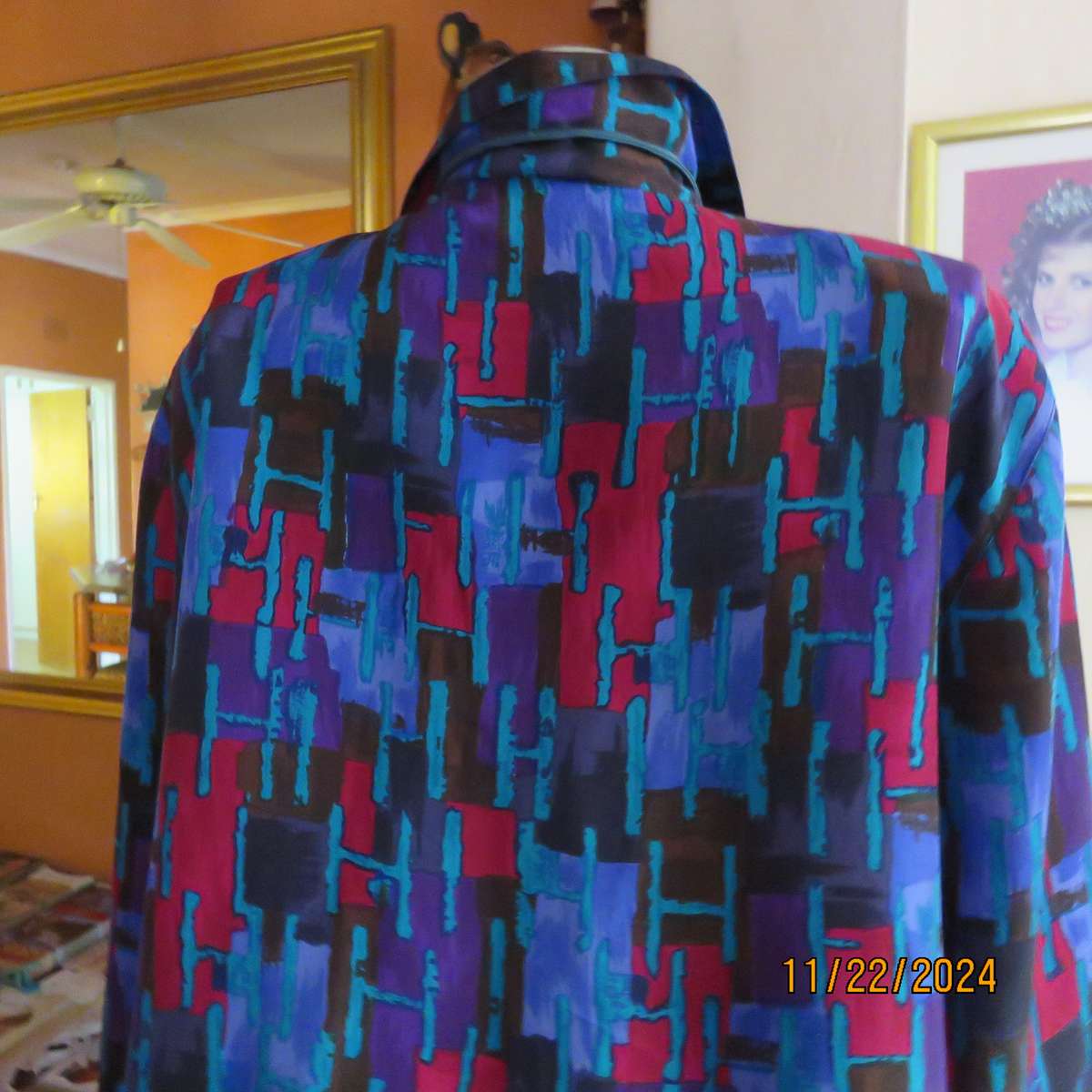 SAINT LORI  100% silk long cuffed sleeve button down geometric patterned jewel colour top.Size 42.