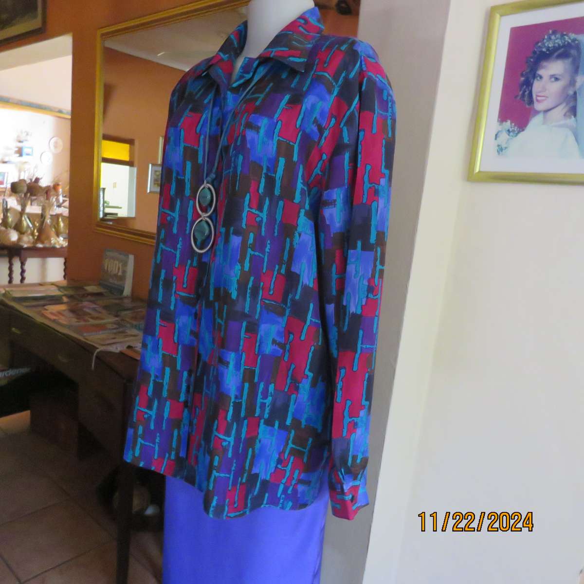 SAINT LORI  100% silk long cuffed sleeve button down geometric patterned jewel colour top.Size 42.