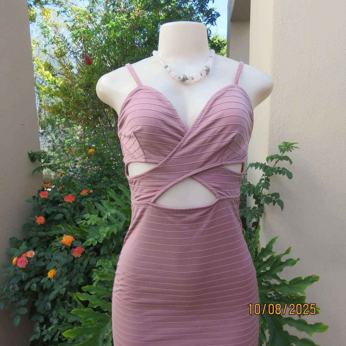 MISS L dusty pink corded stretch polyester strappy bodycon dress size 30