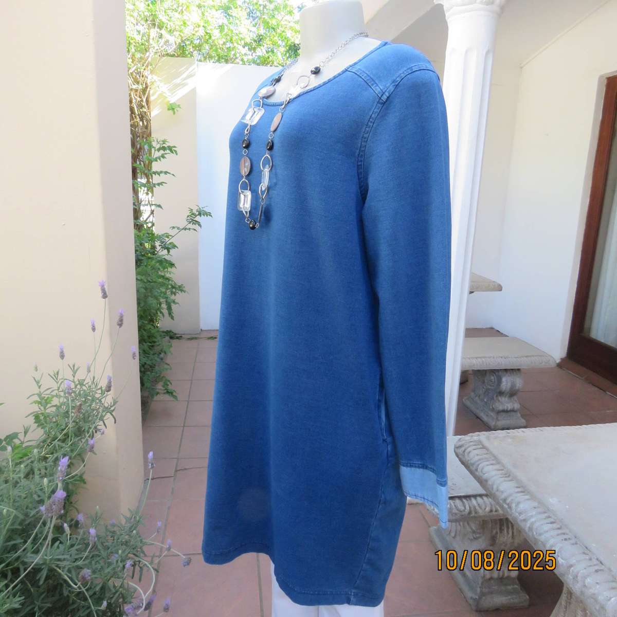 REAL Fresh blue denim stretch polycotton long sleeve top-short dress. Size 40-42