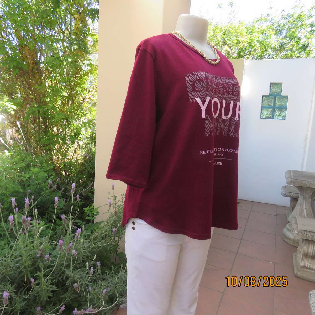 ATMOSPHERE maroon slip over stretch knitted top with logo. Elbow sleeves. Size 40 -42