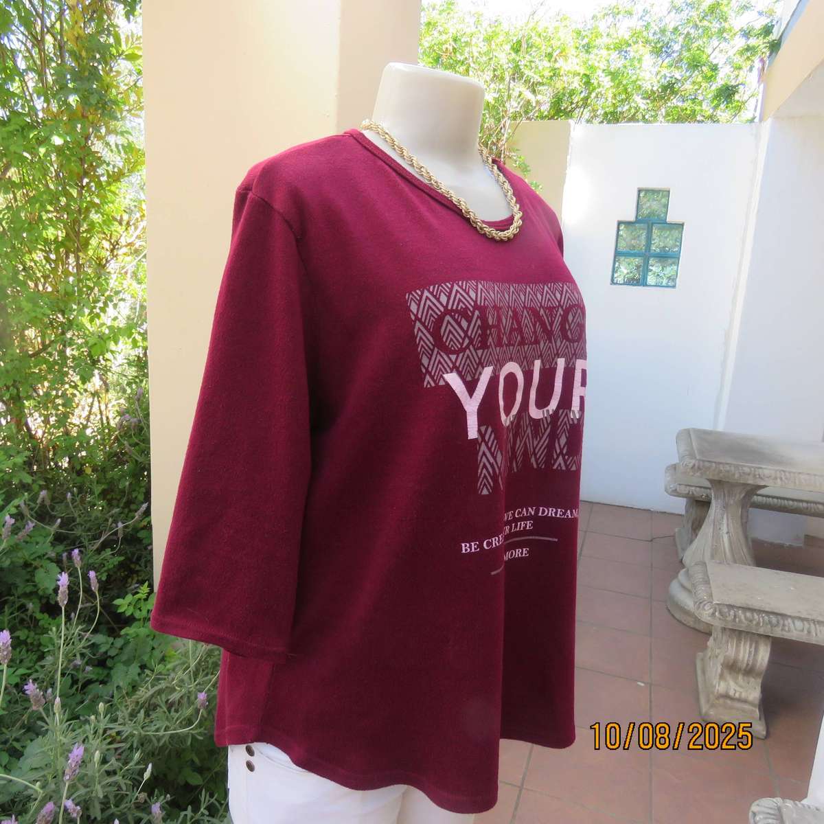 ATMOSPHERE maroon slip over stretch knitted top with logo. Elbow sleeves. Size 40 -42