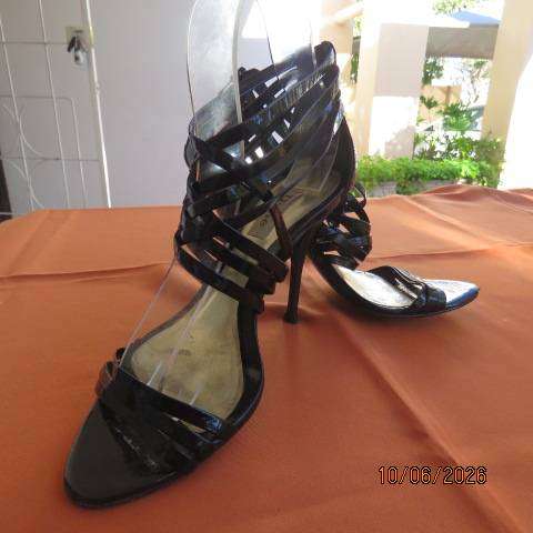DUNE London black patent leather high heel pumps with multiple straps, size 6