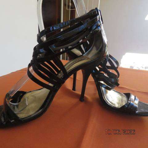 DUNE London black patent leather high heel pumps with multiple straps, size 6