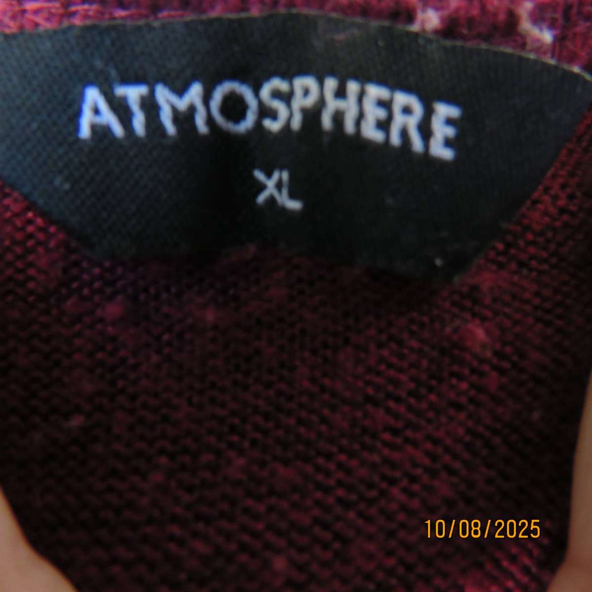 ATMOSPHERE maroon slip over stretch knitted top with logo. Elbow sleeves. Size 40 -42