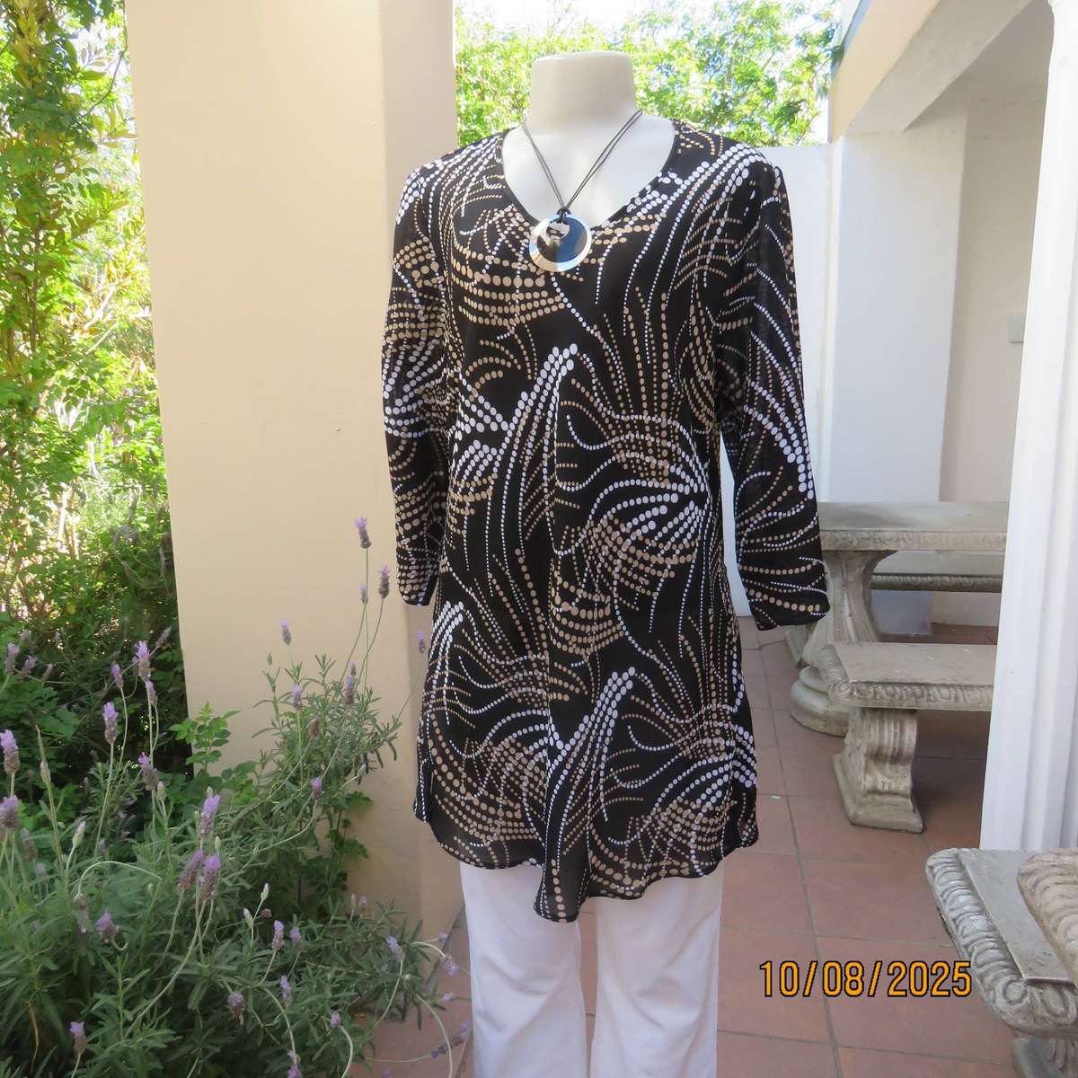 DONATELLA black sheer polyester cream-white dot printed V neck top. Size 40