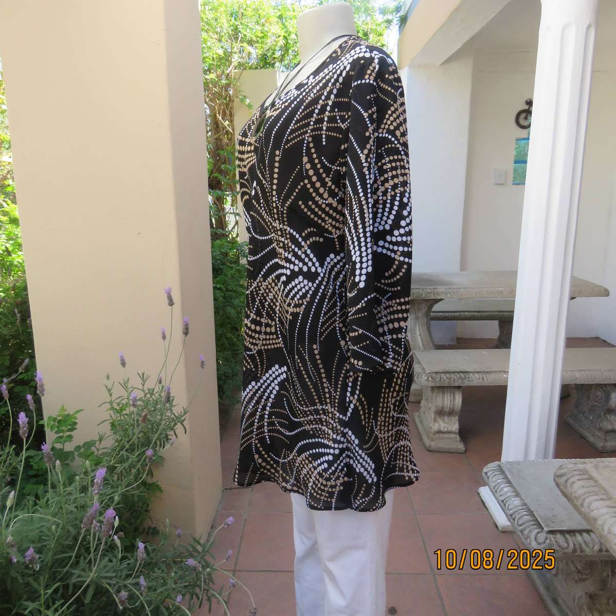 DONATELLA black sheer polyester cream-white dot printed V neck top. Size 40