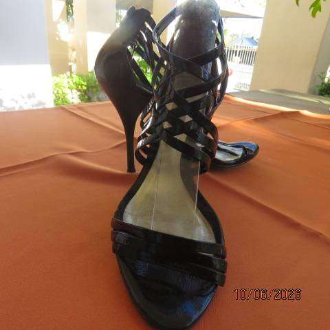 DUNE London black patent leather high heel pumps with multiple straps, size 6