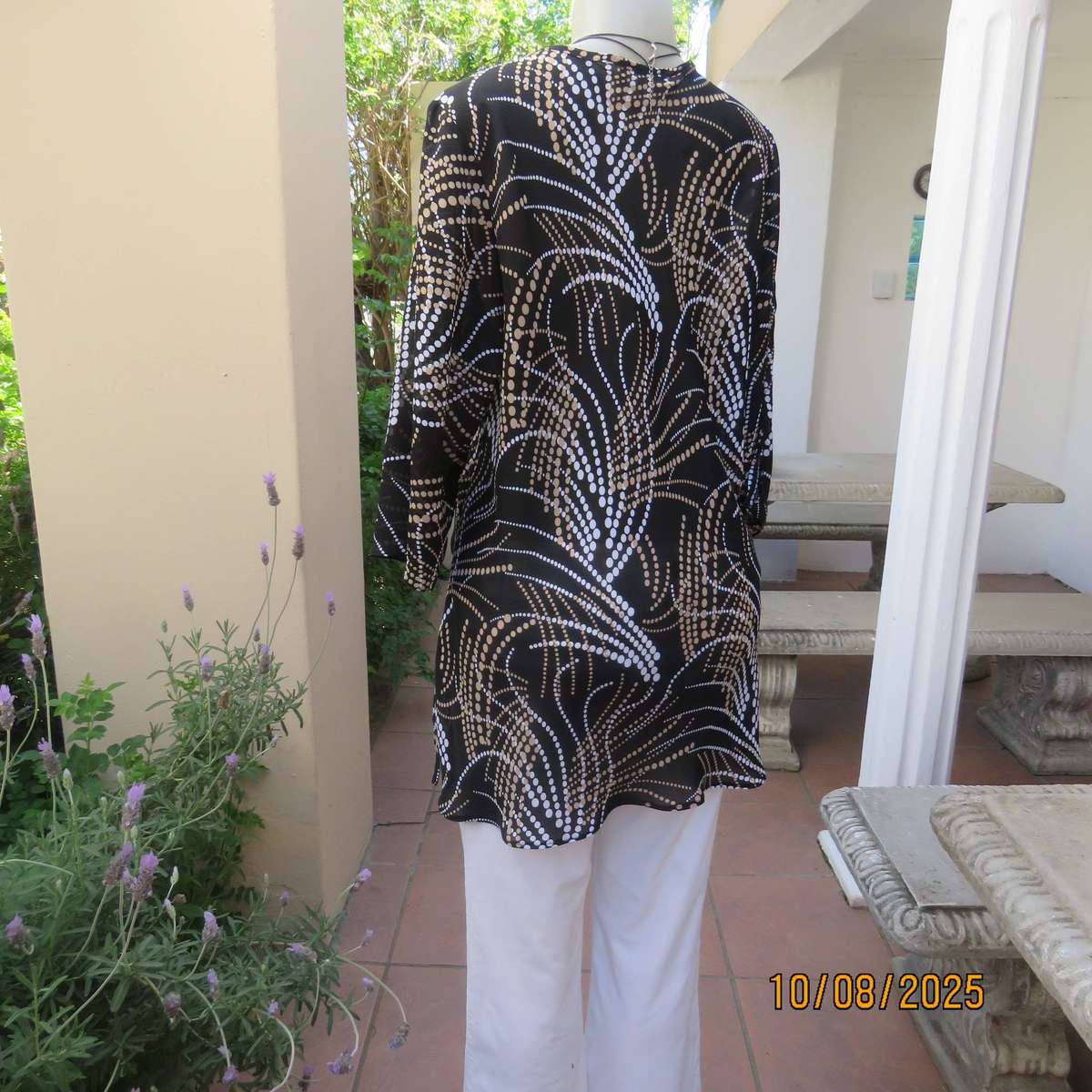 DONATELLA black sheer polyester cream-white dot printed V neck top. Size 40