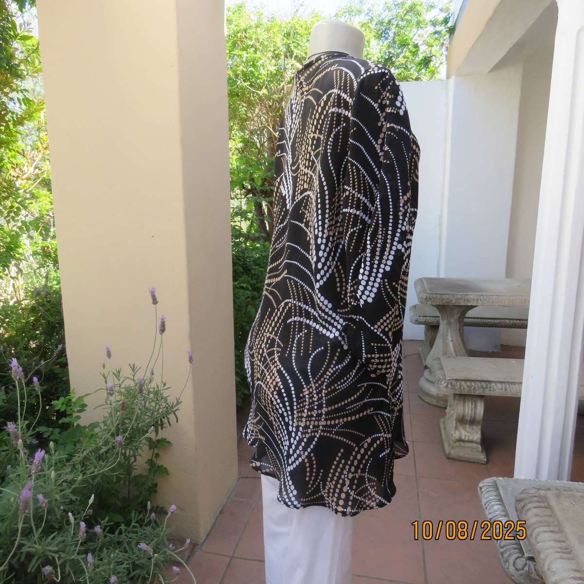 DONATELLA black sheer polyester cream-white dot printed V neck top. Size 40