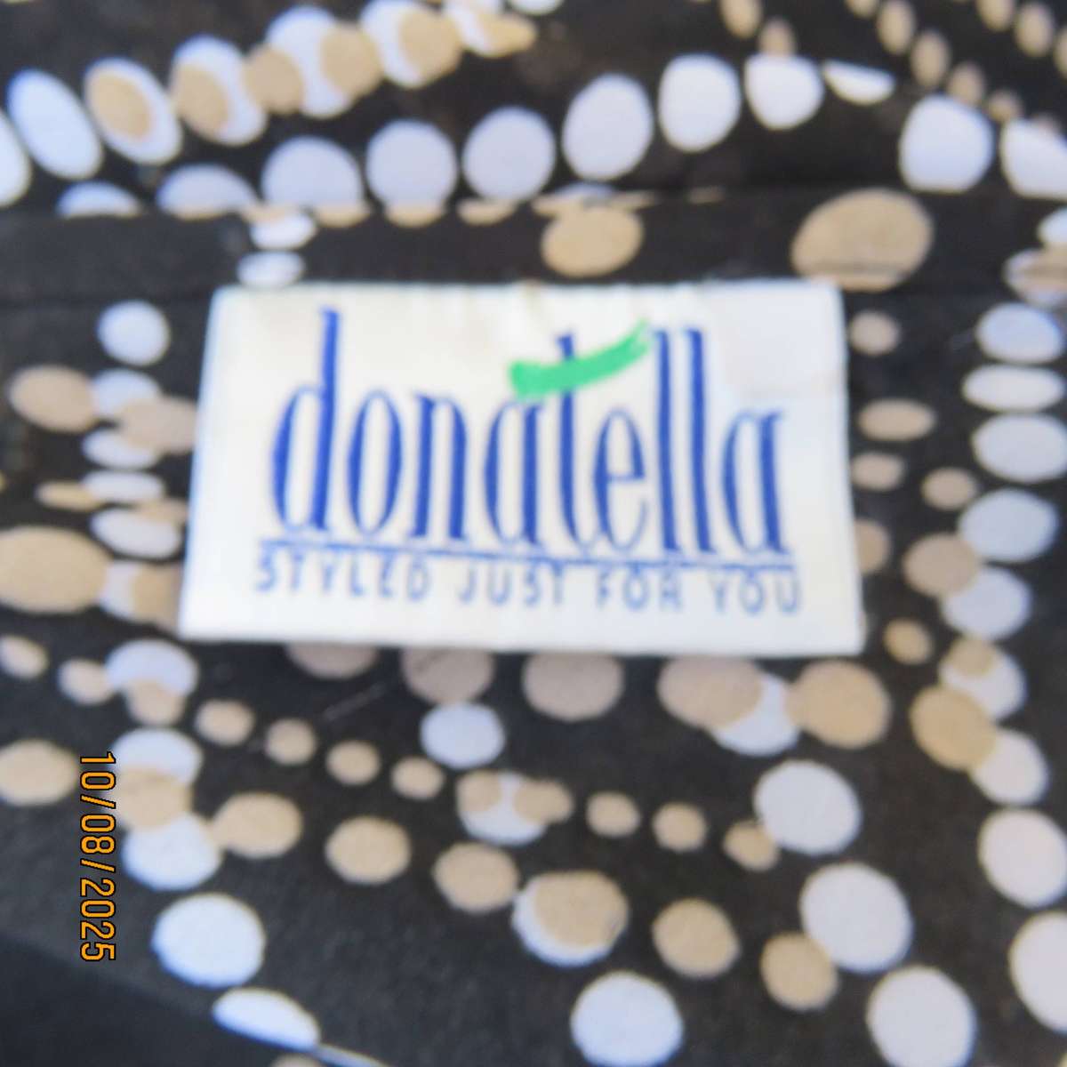 DONATELLA black sheer polyester cream-white dot printed V neck top. Size 40