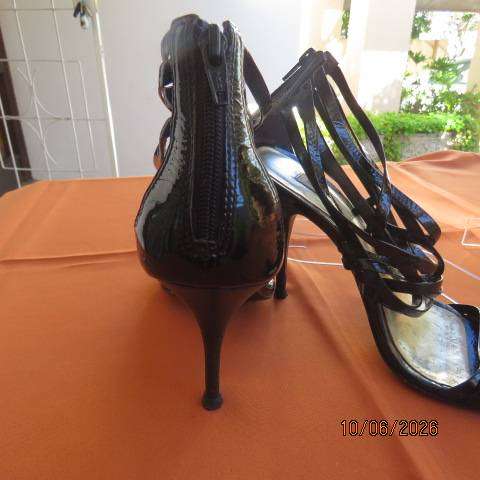 DUNE London black patent leather high heel pumps with multiple straps, size 6