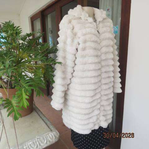 White cosy warm long fluffy hooded jacket women size 38-40