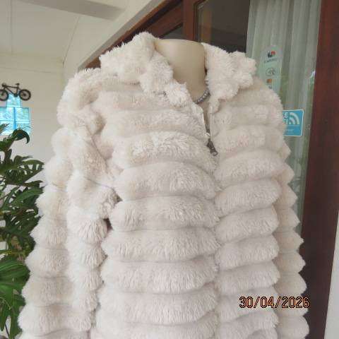 White cosy warm long fluffy hooded jacket women size 38-40