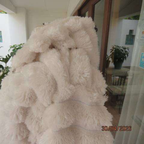 White cosy warm long fluffy hooded jacket women size 38-40