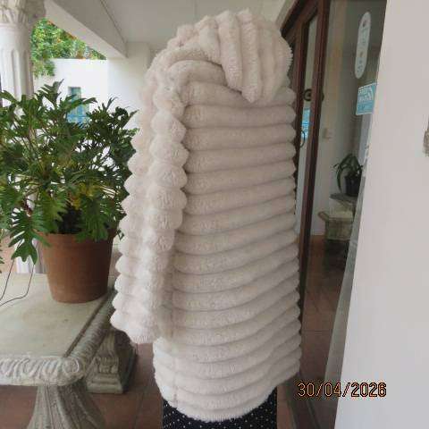 White cosy warm long fluffy hooded jacket women size 38-40