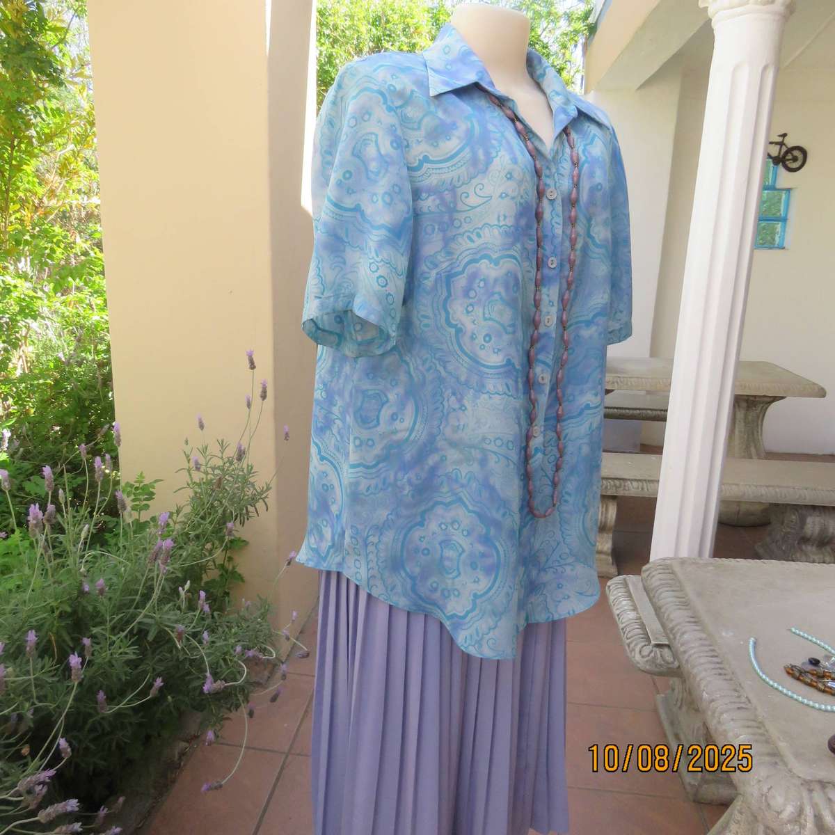 DONNA CLAIRE jade-lilac pattern print short sleeve polyester top size 42