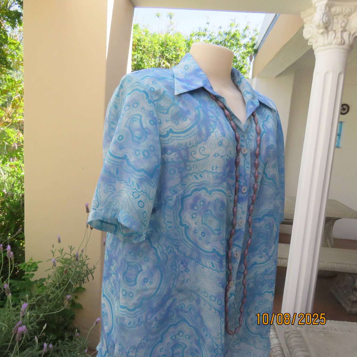 DONNA CLAIRE jade-lilac pattern print short sleeve polyester top size 42
