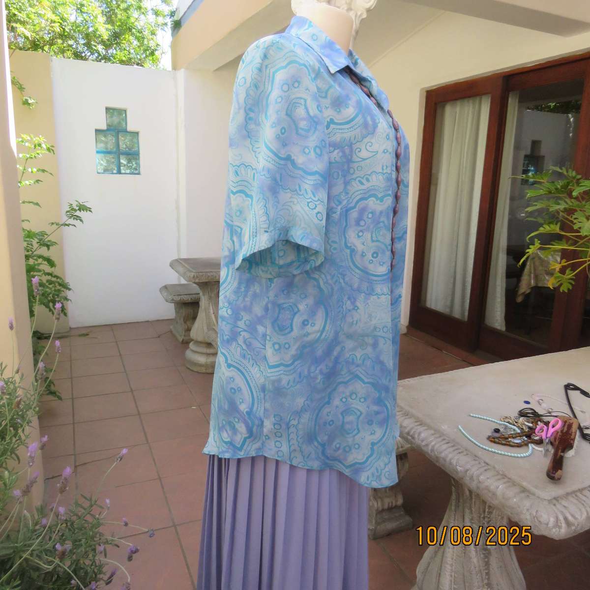 DONNA CLAIRE jade-lilac pattern print short sleeve polyester top size 42