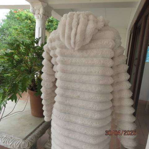 White cosy warm long fluffy hooded jacket women size 38-40