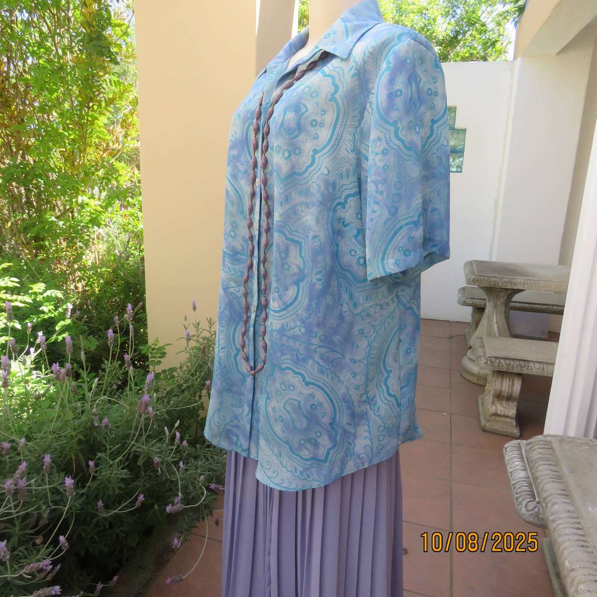 DONNA CLAIRE jade-lilac pattern print short sleeve polyester top size 42