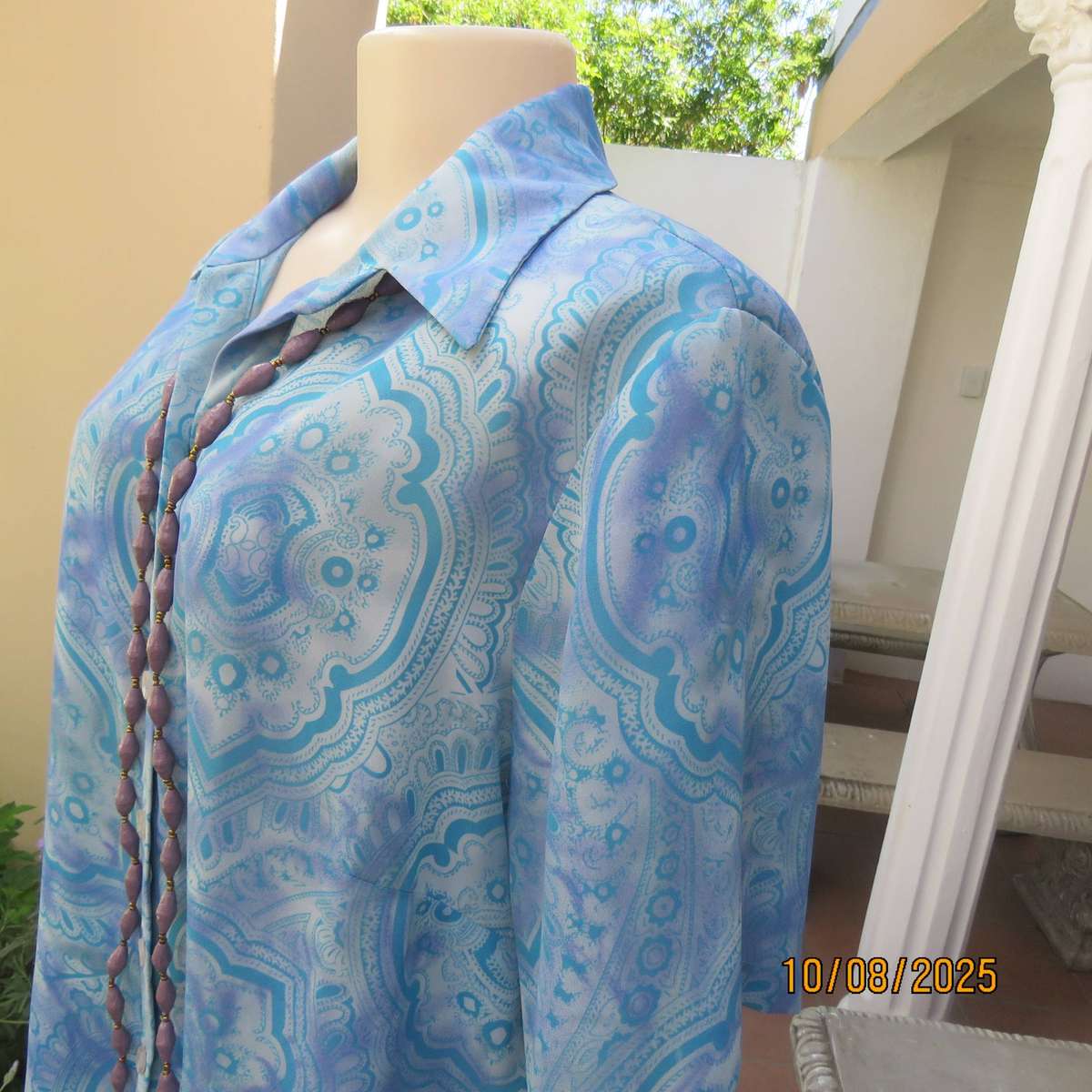 DONNA CLAIRE jade-lilac pattern print short sleeve polyester top size 42