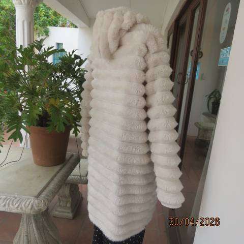 White cosy warm long fluffy hooded jacket women size 38-40