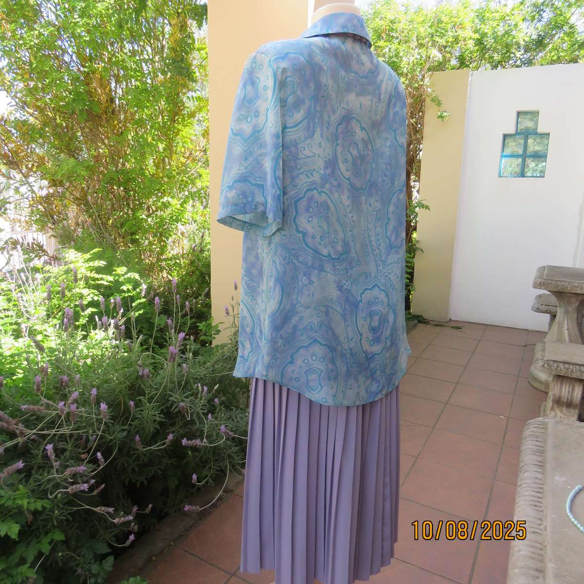 DONNA CLAIRE jade-lilac pattern print short sleeve polyester top size 42