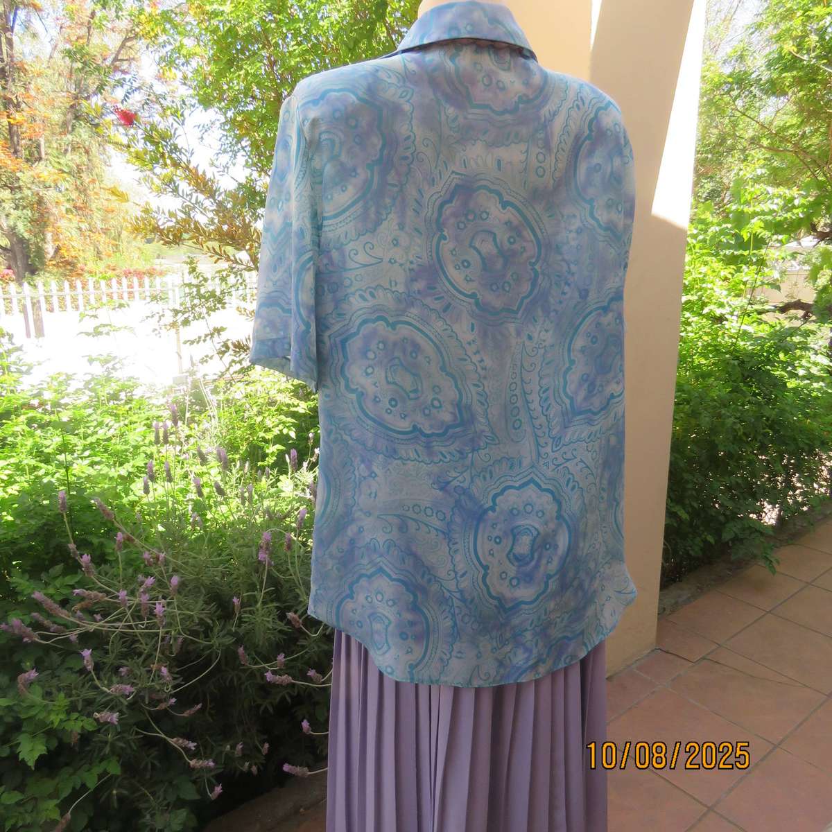 DONNA CLAIRE jade-lilac pattern print short sleeve polyester top size 42