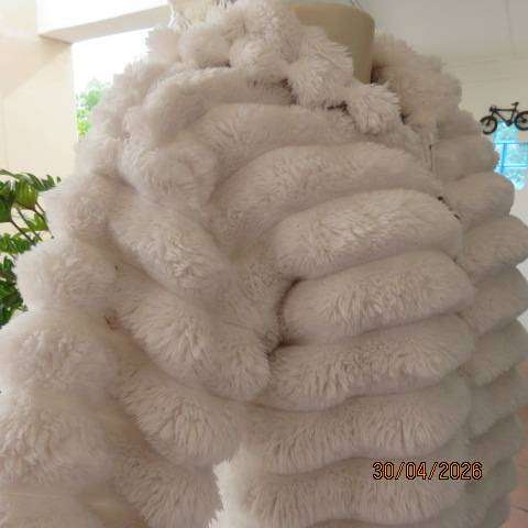 White cosy warm long fluffy hooded jacket women size 38-40