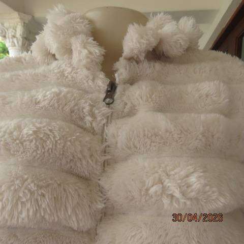 White cosy warm long fluffy hooded jacket women size 38-40