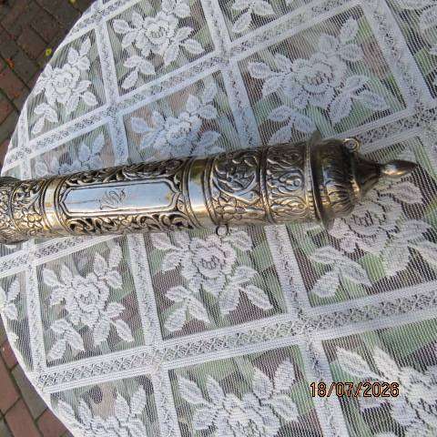Anglo-Indian antique white metal scroll holder for diplomatic-religious use - loose cap, 30cm