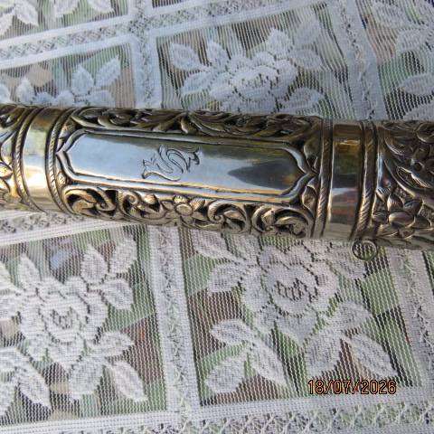 Anglo-Indian antique white metal scroll holder for diplomatic-religious use - loose cap, 30cm