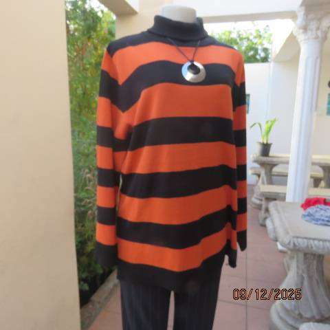 MILADYS black-burnt orange horizontal striped pullover poloneck acrylic knit top. Size 42