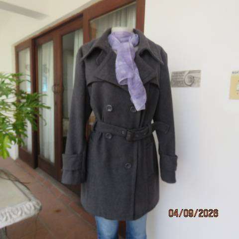 EXACT grey polyester-wool long tailored jacket with double-breast look collar and belt size 40-42