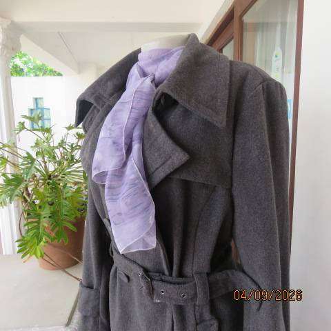 EXACT grey polyester-wool long tailored jacket with double-breast look collar and belt size 40-42