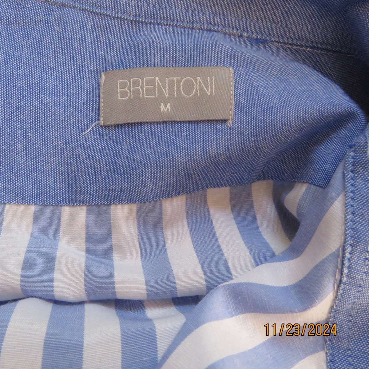 Stunning BRENTONI blue-white vertical striped long sleeve men's shirt size S - 96cm chest.As new con