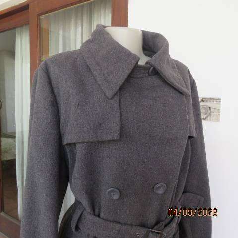 EXACT grey polyester-wool long tailored jacket with double-breast look collar and belt size 40-42