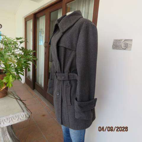 EXACT grey polyester-wool long tailored jacket with double-breast look collar and belt size 40-42