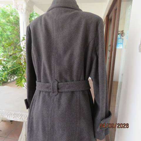 EXACT grey polyester-wool long tailored jacket with double-breast look collar and belt size 40-42